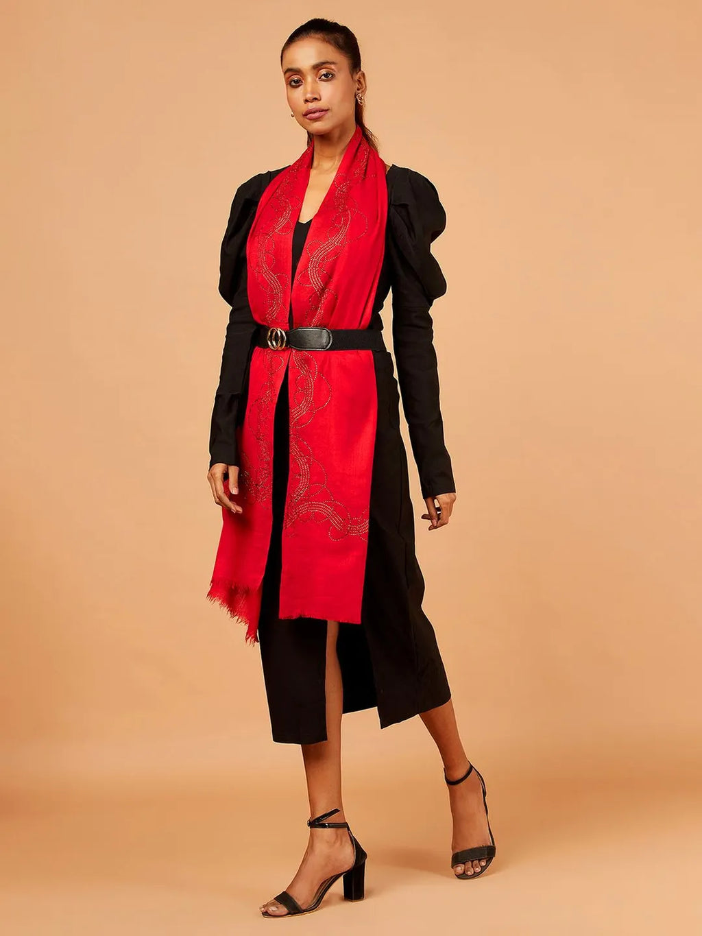 Elegant Stole Wool Blend with Aari Embroidery Pattern in Red