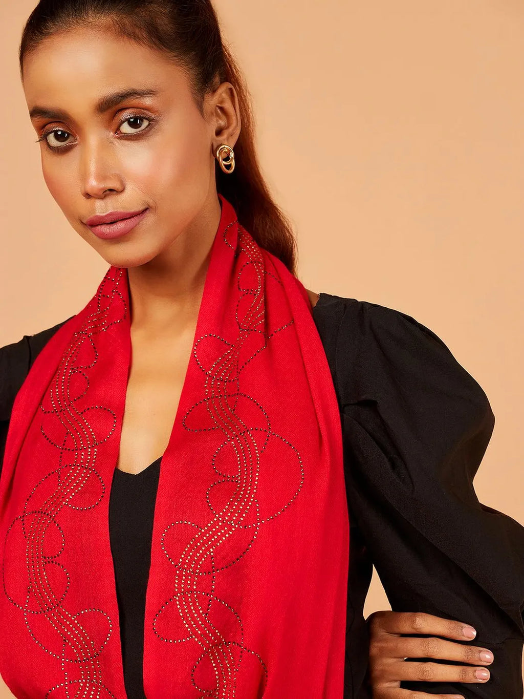 Elegant Stole Wool Blend with Aari Embroidery Pattern in Red
