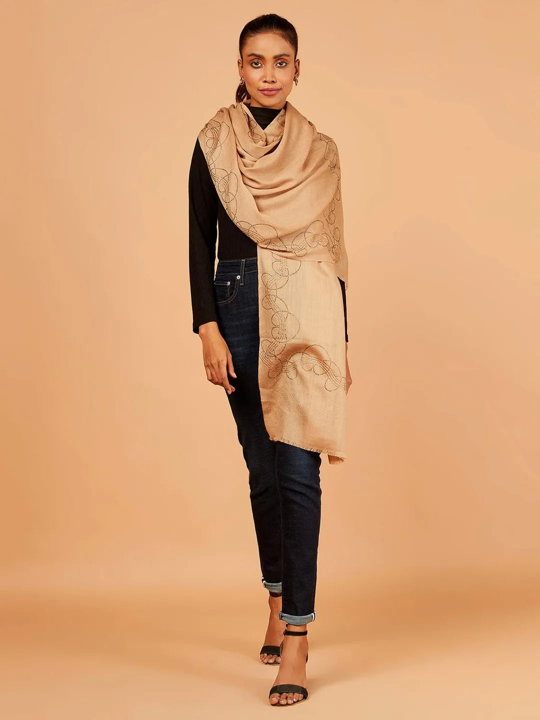 Chic Stole Wool Blend with Aari Embroidery Pattern in Beige