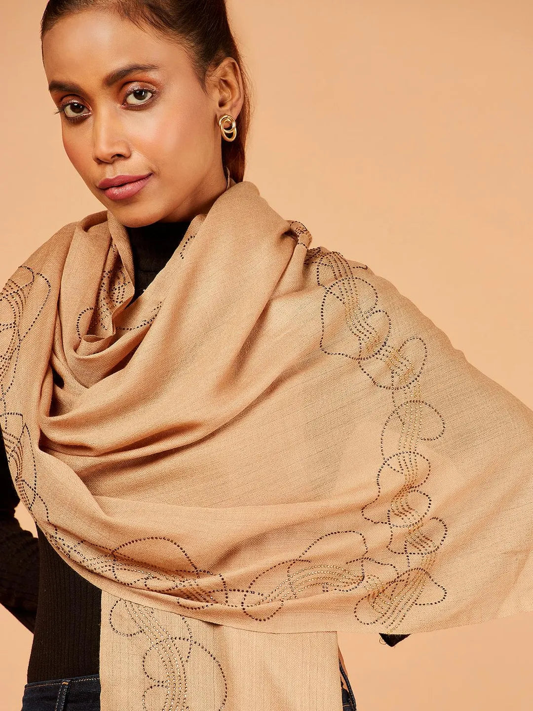 Chic Stole Wool Blend with Aari Embroidery Pattern in Beige