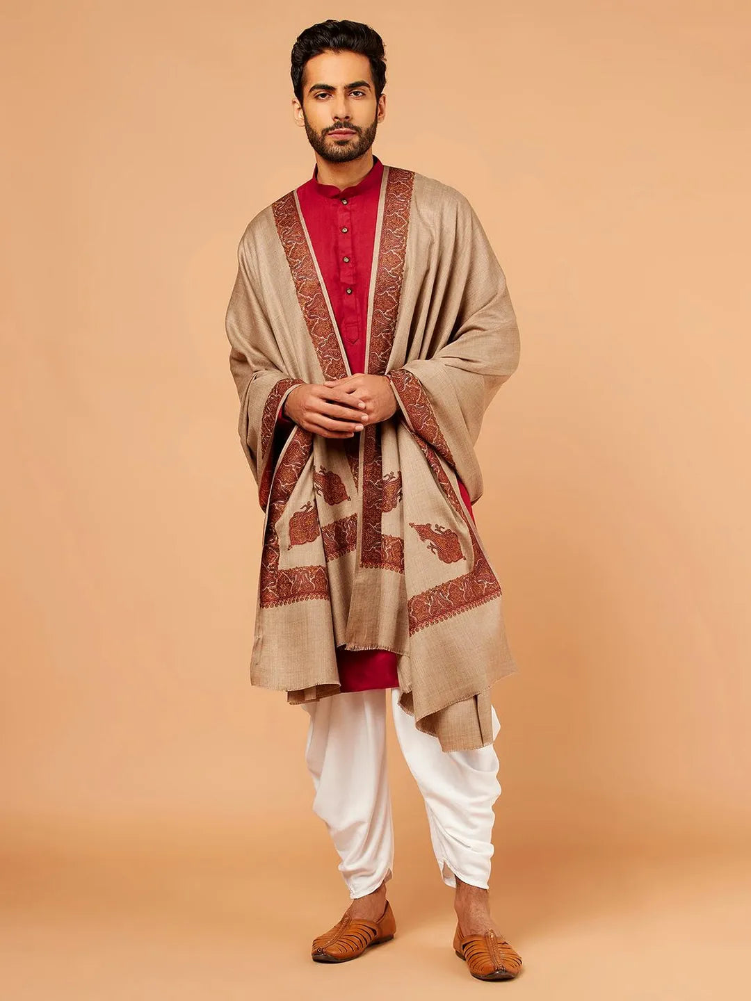 Classic Shawl Wool Blend with Border Pattern in Beige