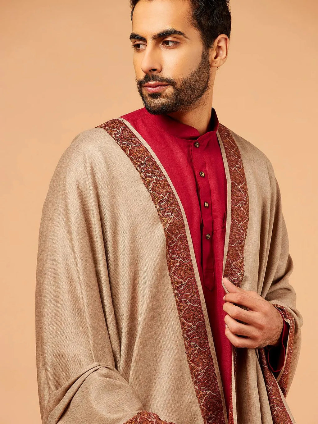 Classic Shawl Wool Blend with Border Pattern in Beige