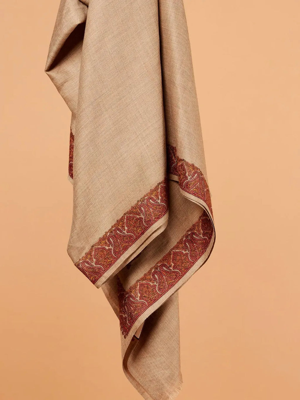 Classic Shawl Wool Blend with Border Pattern in Beige