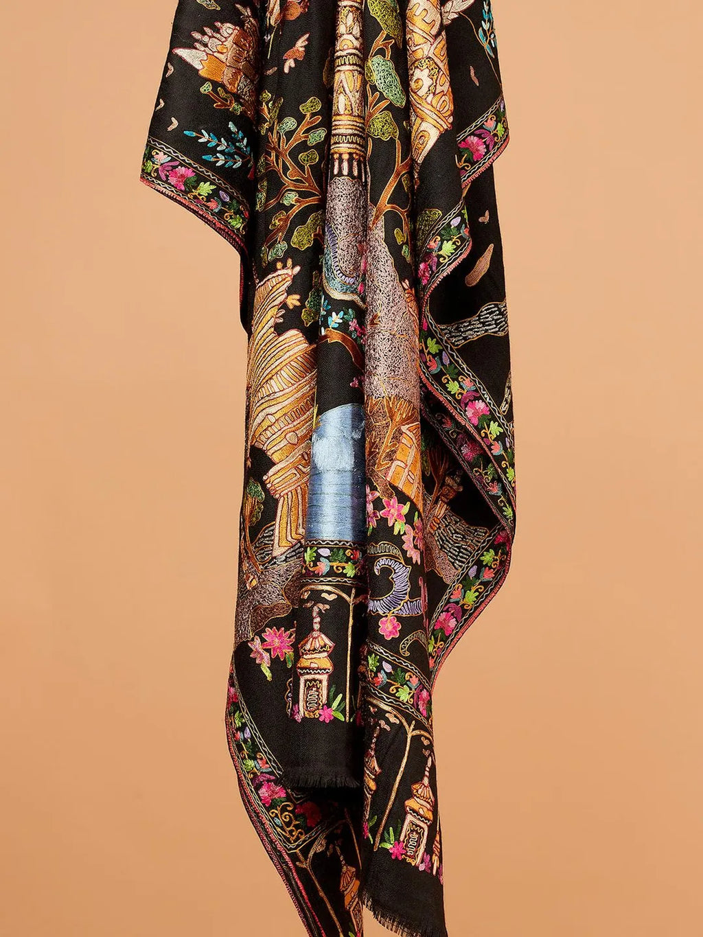 Elegant Shawl Wool Blend with Aari Embroidery Pattern in Black