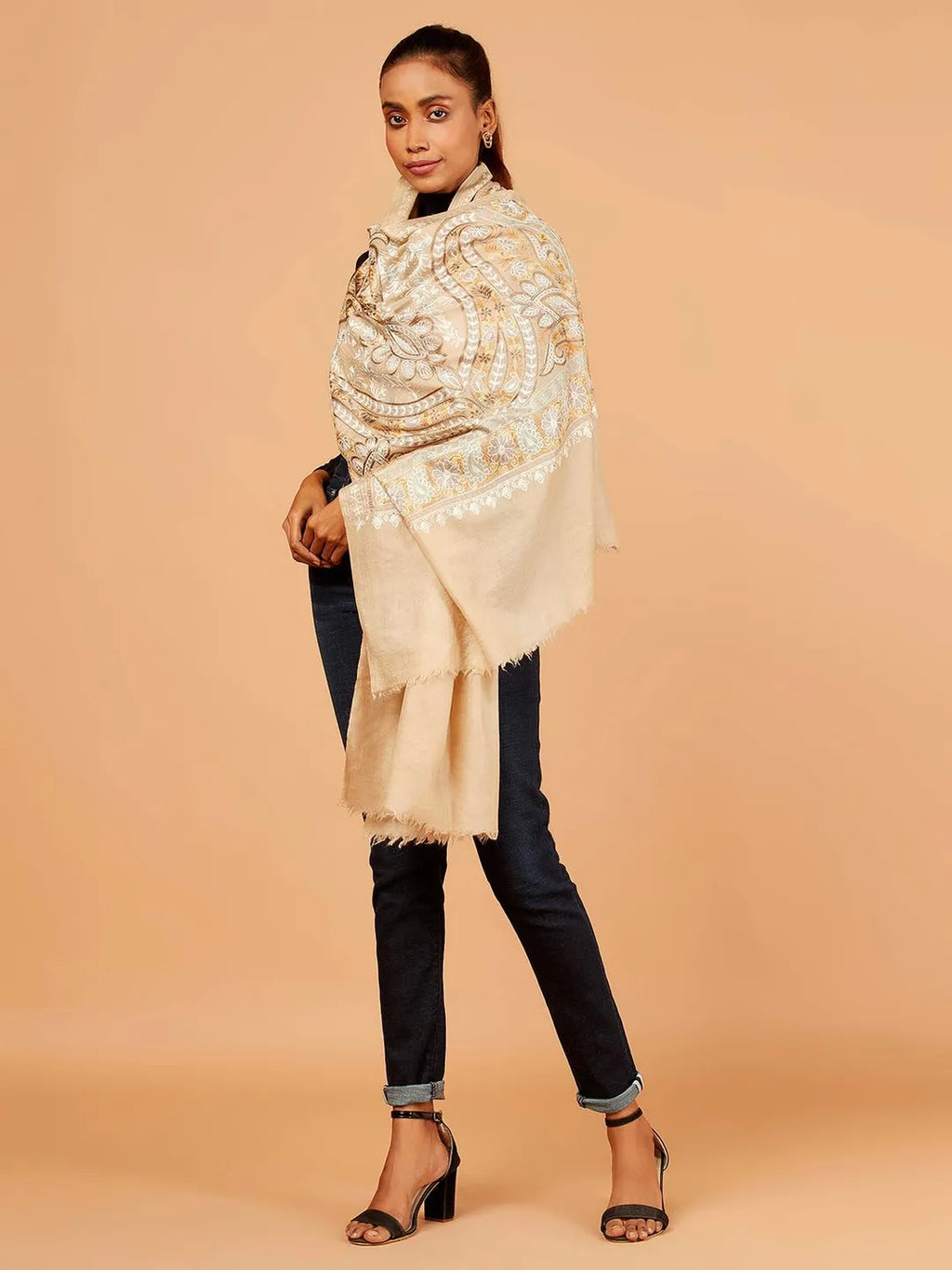 Elegant Stole Wool Blend with Kaani With Aari Embroidery Pattern in Beige
