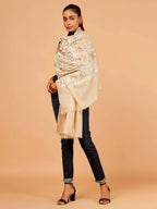 Elegant Stole Wool Blend with Kaani With Aari Embroidery Pattern in Beige