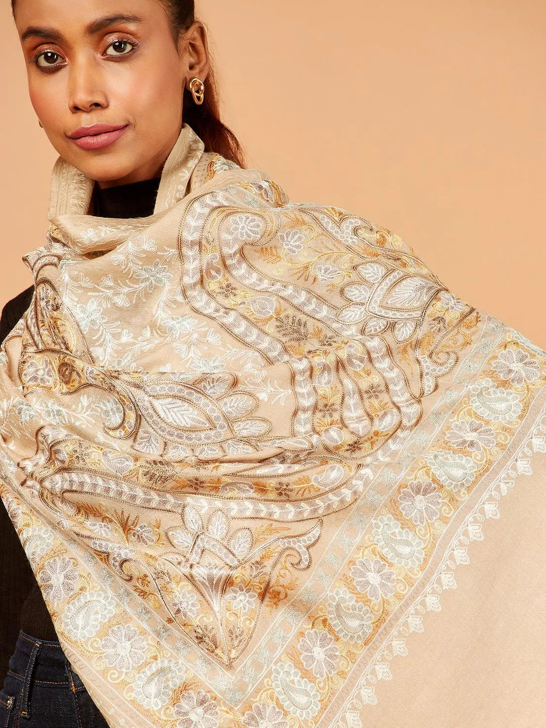 Elegant Stole Wool Blend with Kaani With Aari Embroidery Pattern in Beige