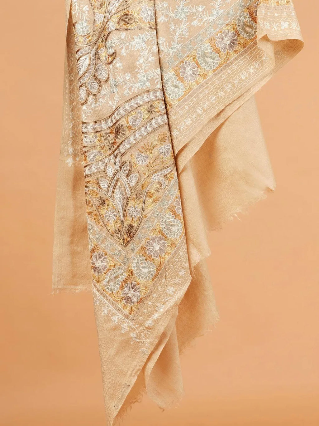 Elegant Stole Wool Blend with Kaani With Aari Embroidery Pattern in Beige