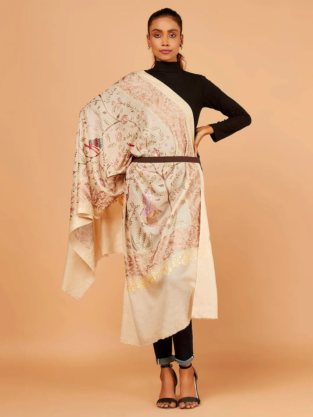 Chic Stole Wool Blend with Kaani With Aari Embroidery Pattern in Beige