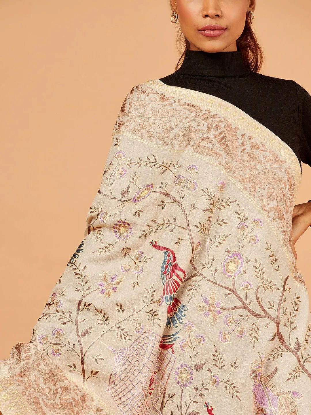 Chic Stole Wool Blend with Kaani With Aari Embroidery Pattern in Beige