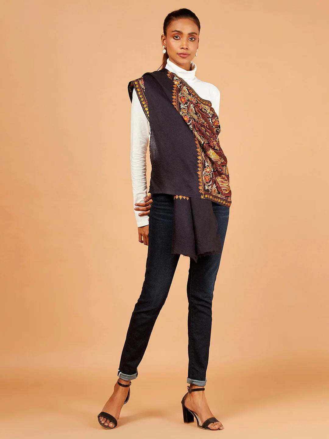 Chic Stole Wool Blend with Kaani With Aari Embroidery Pattern in Black