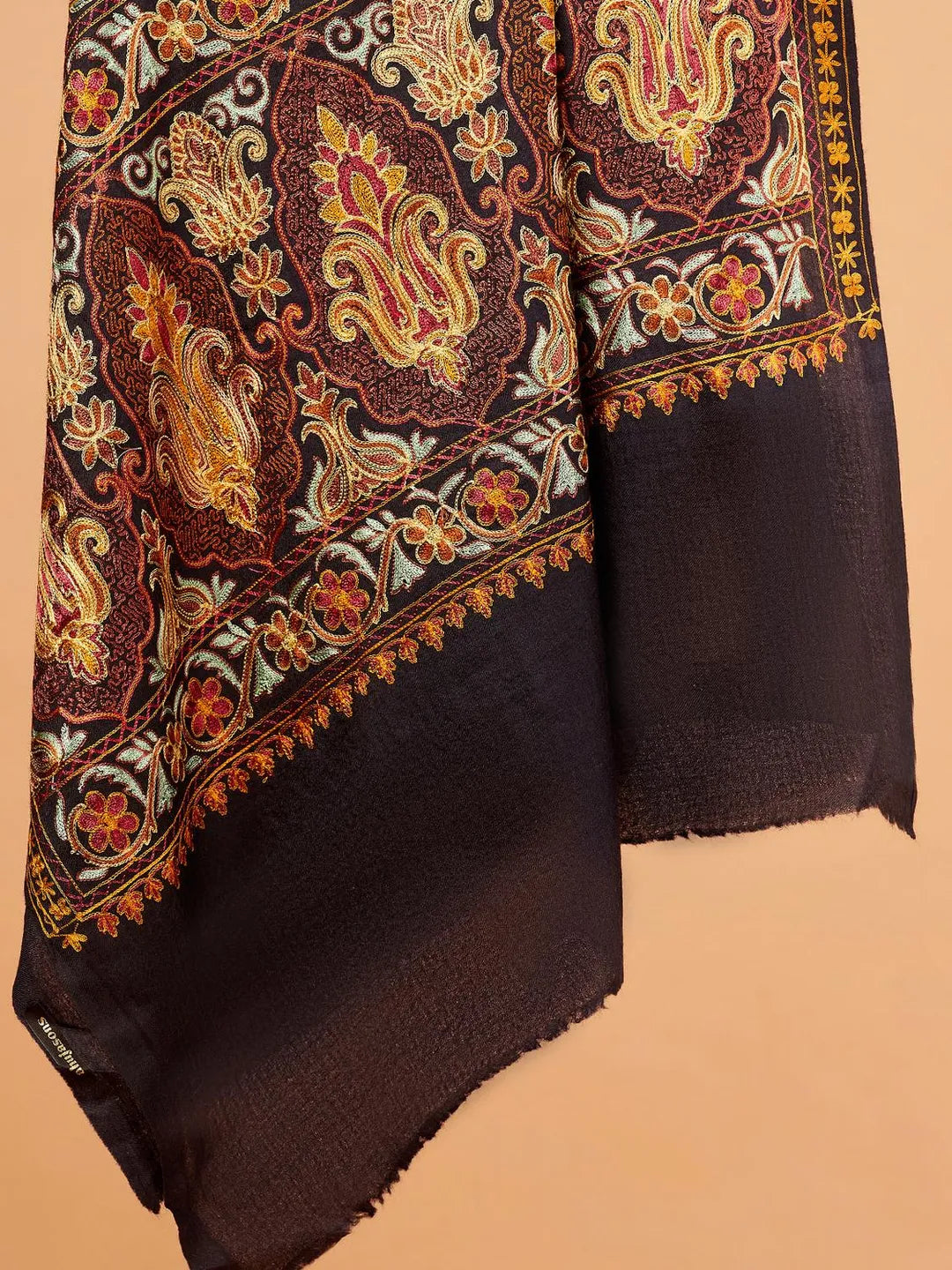 Chic Stole Wool Blend with Kaani With Aari Embroidery Pattern in Black