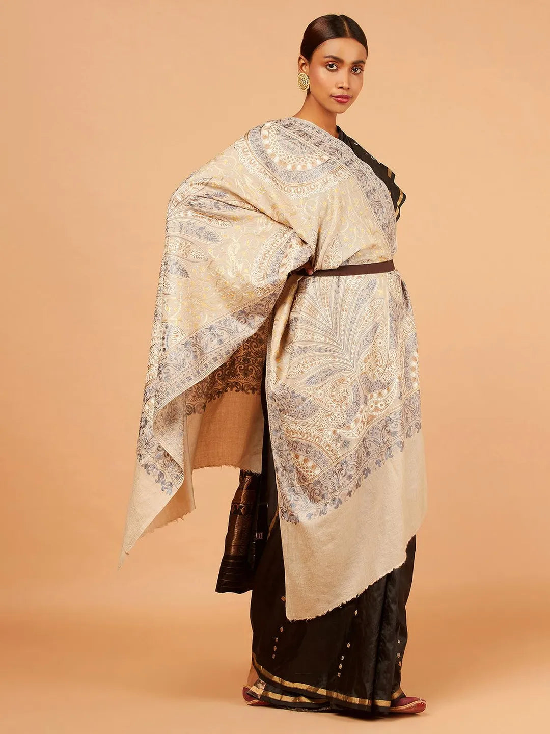 Elegant Stole Wool Blend with Kaani With Aari Embroidery Pattern in Beige