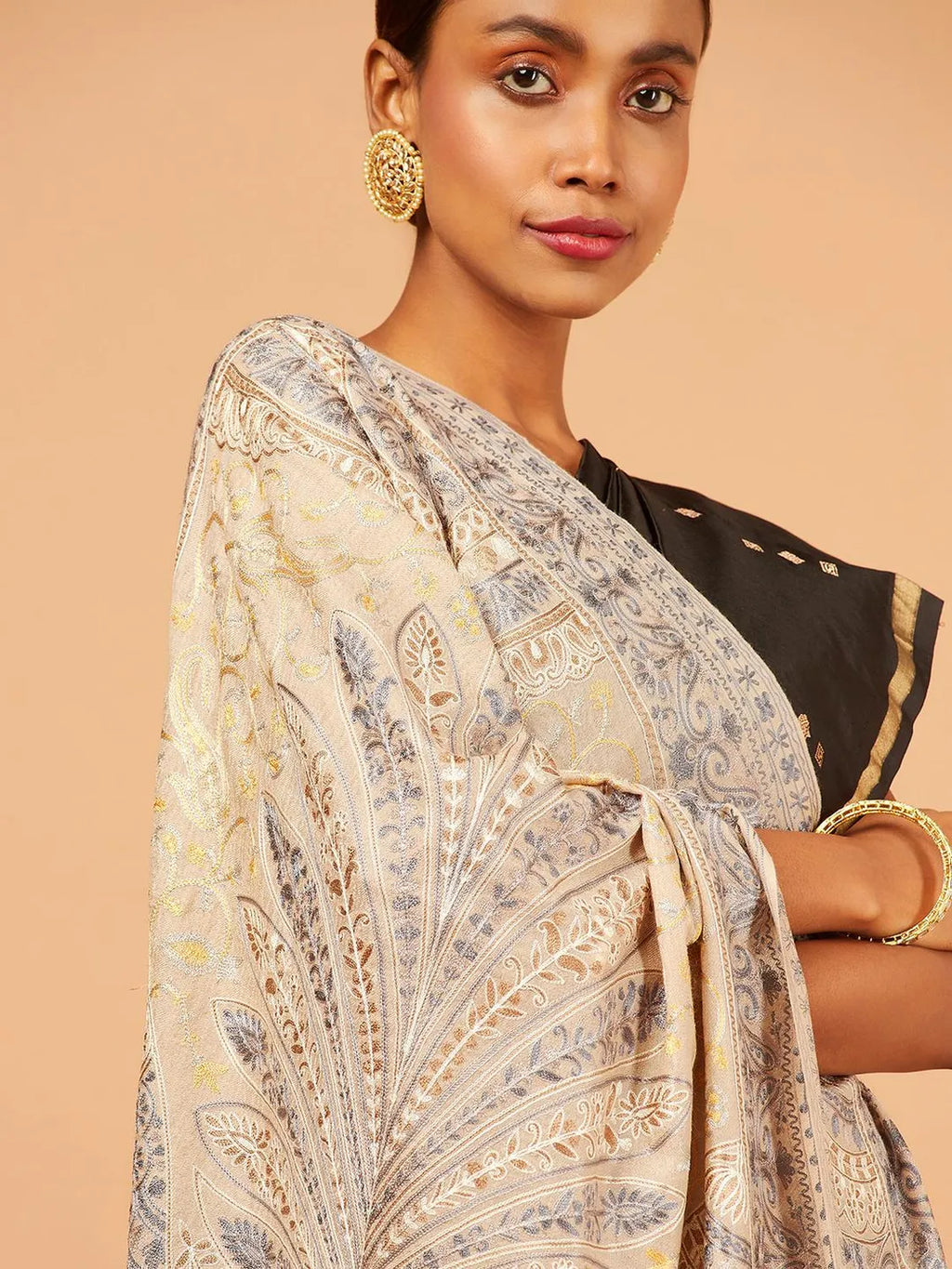 Elegant Stole Wool Blend with Kaani With Aari Embroidery Pattern in Beige