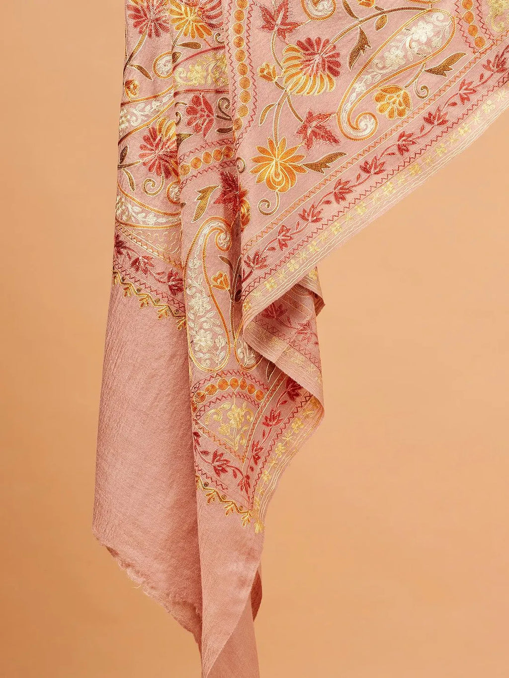 Chic Stole Wool Blend with Kaani With Aari Embroidery Pattern in Orange