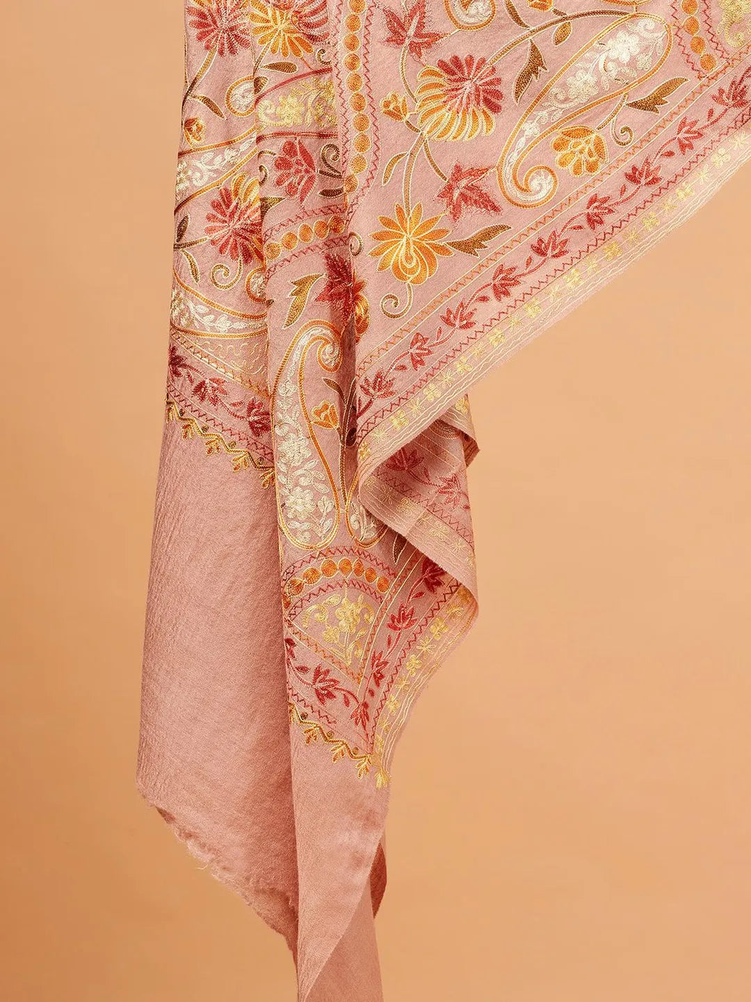 Chic Stole Wool Blend with Kaani With Aari Embroidery Pattern in Orange