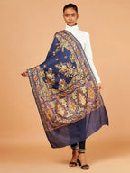 Elegant Stole Wool Blend with Kaani With Aari Embroidery Pattern in Blue