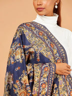 Elegant Stole Wool Blend with Kaani With Aari Embroidery Pattern in Blue