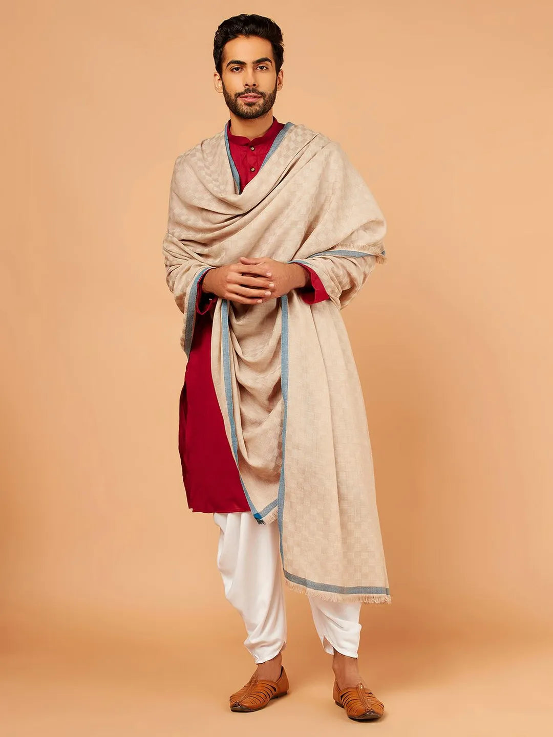 Classic Shawl Wool Blend with Gents Check Pattern with border in Beige