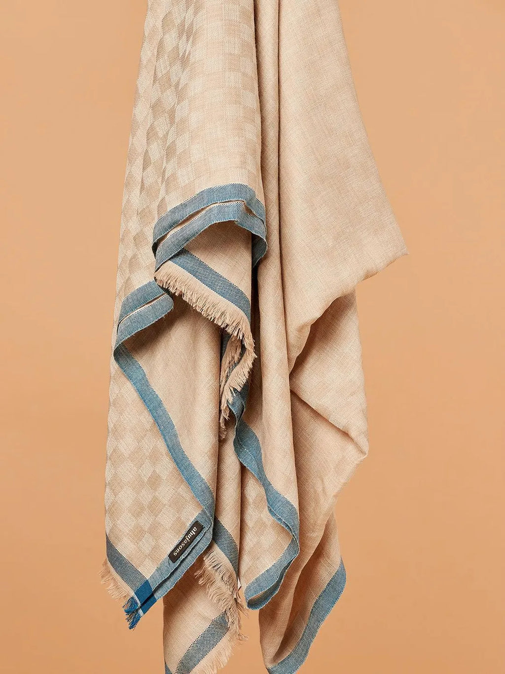 Classic Shawl Wool Blend with Gents Check Pattern with border in Beige