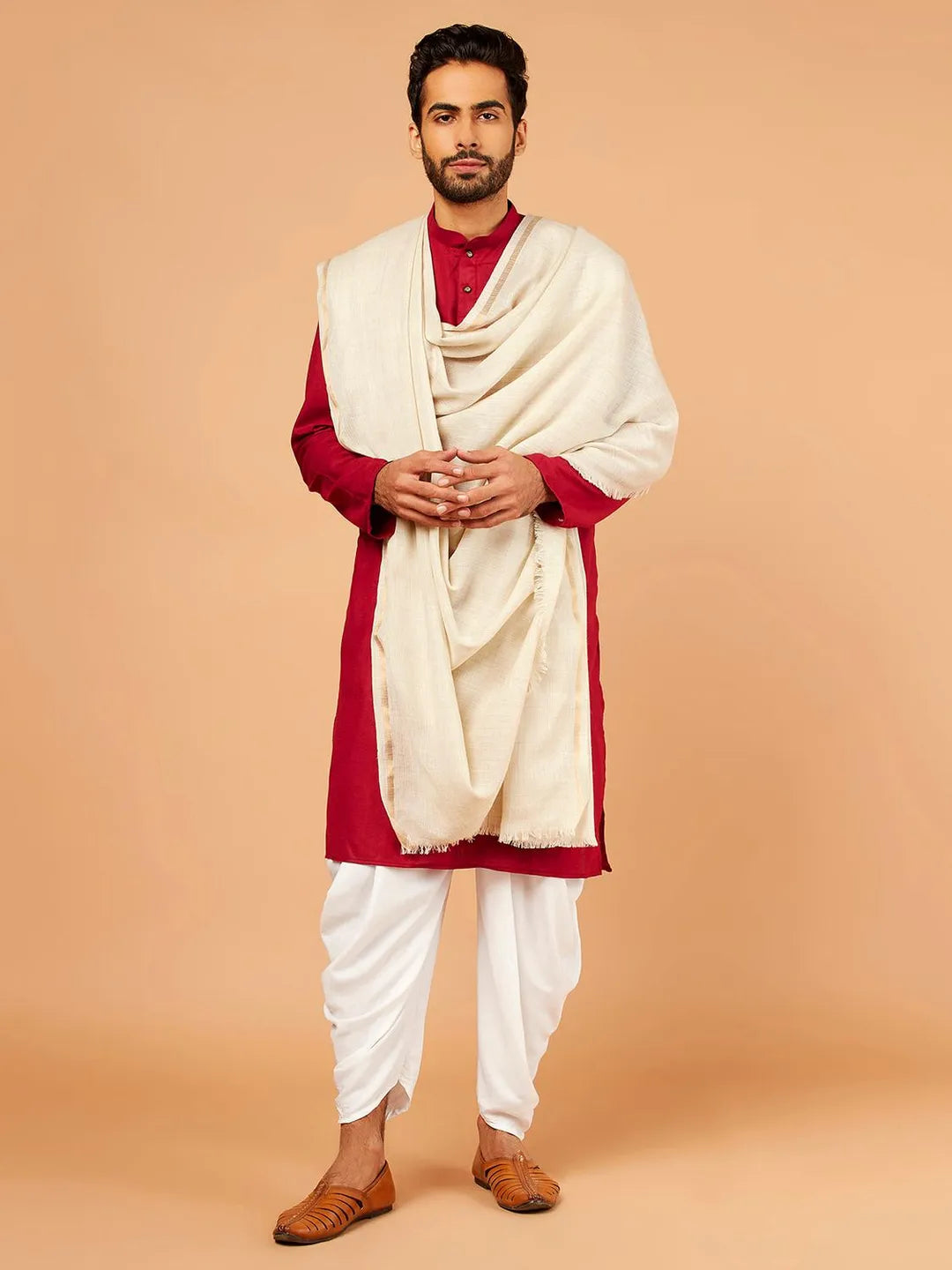 Classic Shawl Wool Blend with Gents Golden Border in Ivory