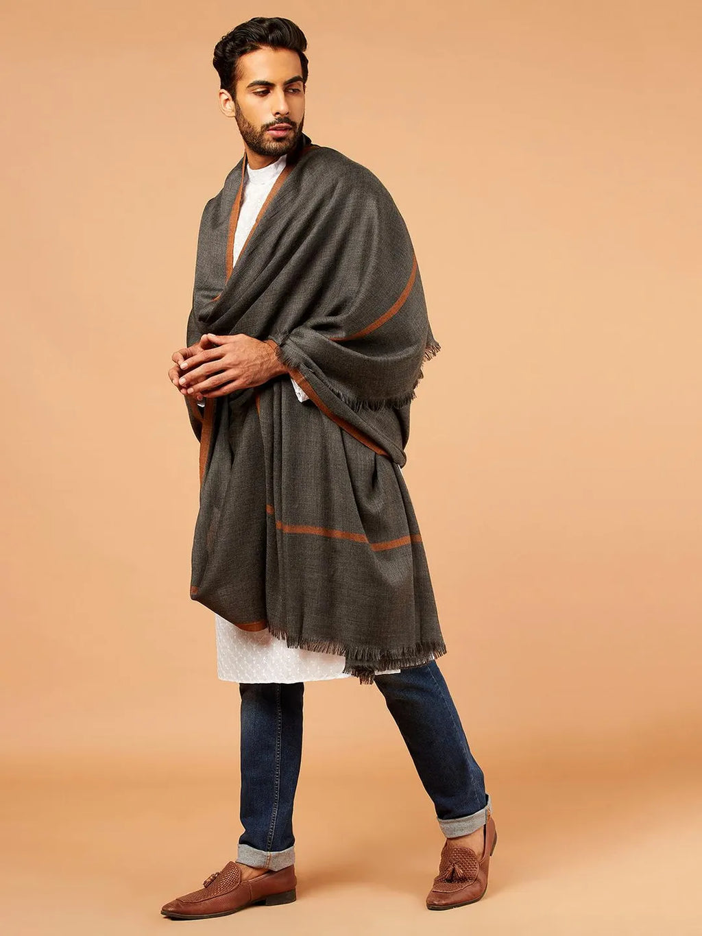 Classic Shawl Wool Blend with Gents Brown Border in Charcoal Black