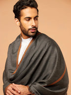 Classic Shawl Wool Blend with Gents Brown Border in Charcoal Black