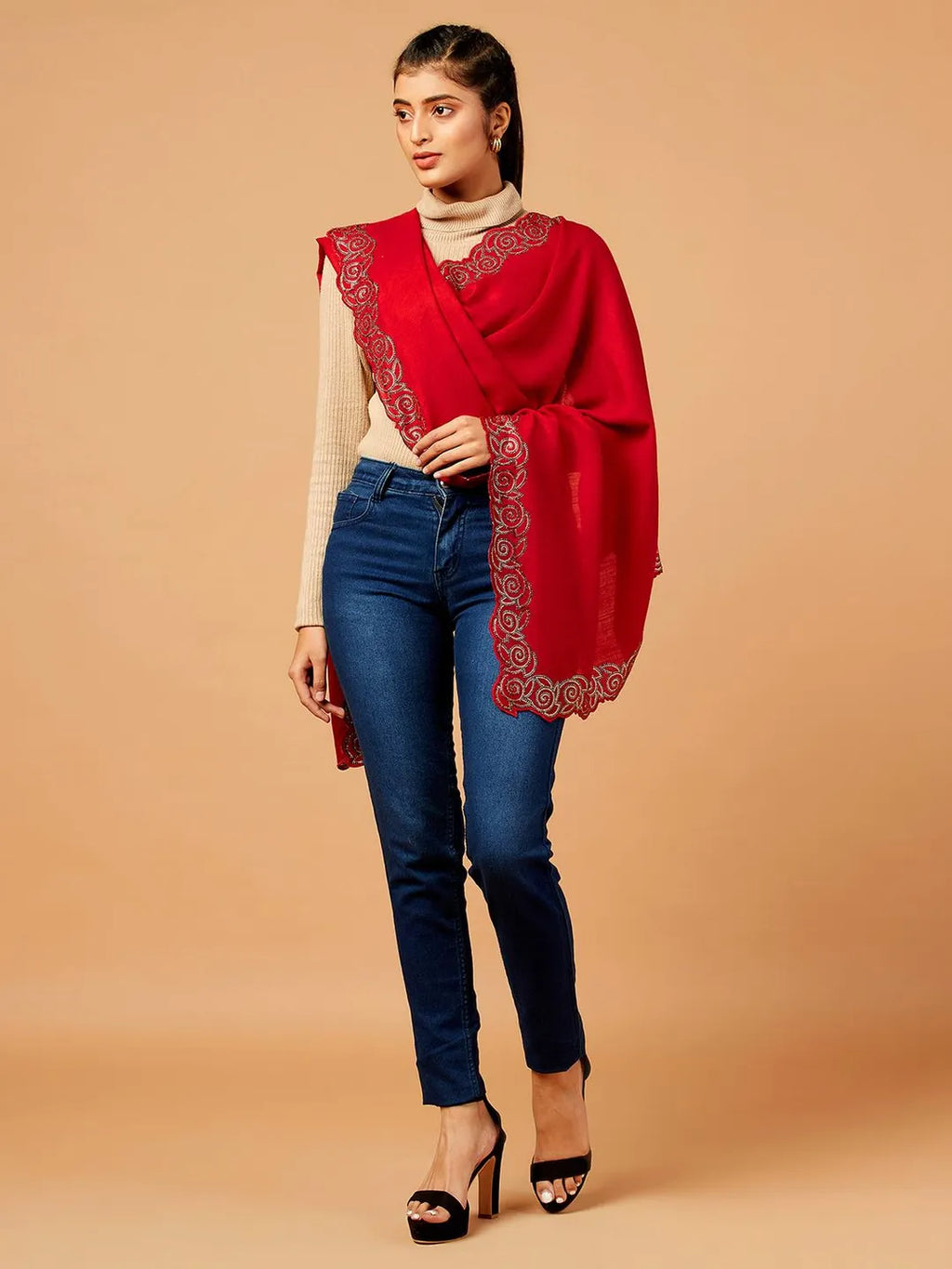 Elegant Stole Wool Blend with Dobby Pattern in Red