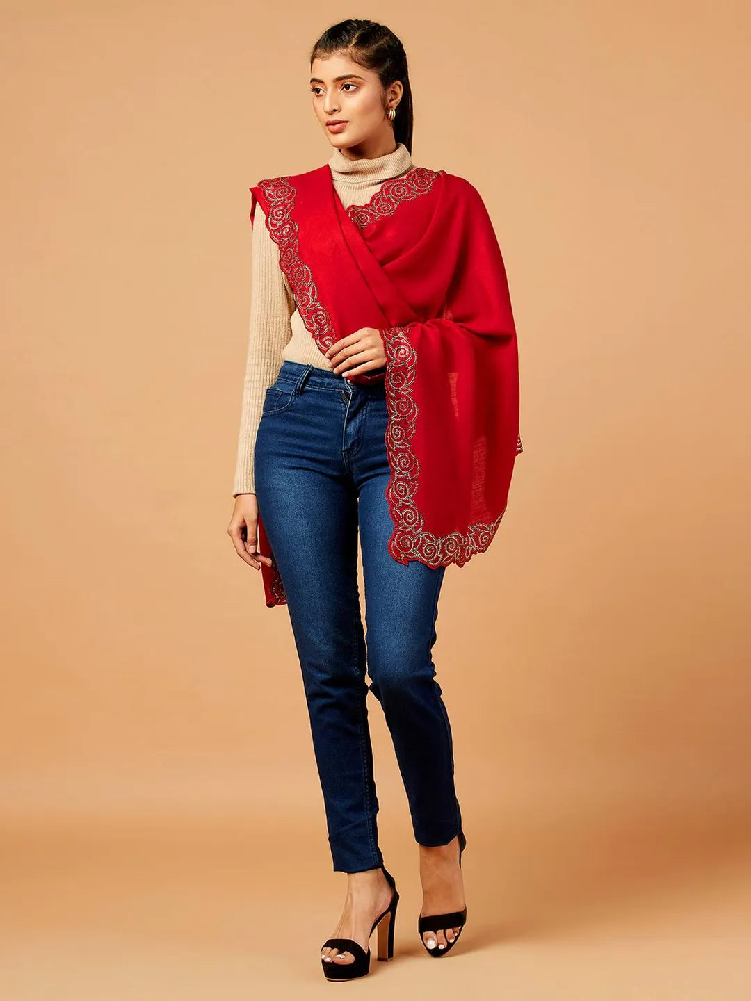 Elegant Stole Wool Blend with Dobby Pattern in Red