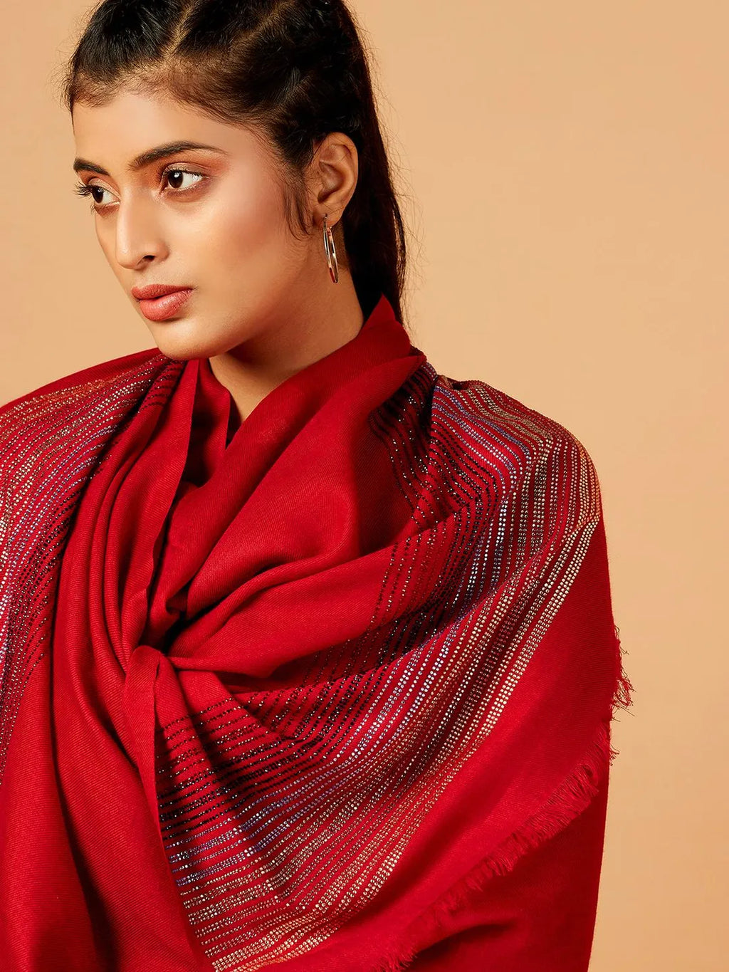 Elegant Stole Wool Blend with Dobby Pattern in Red