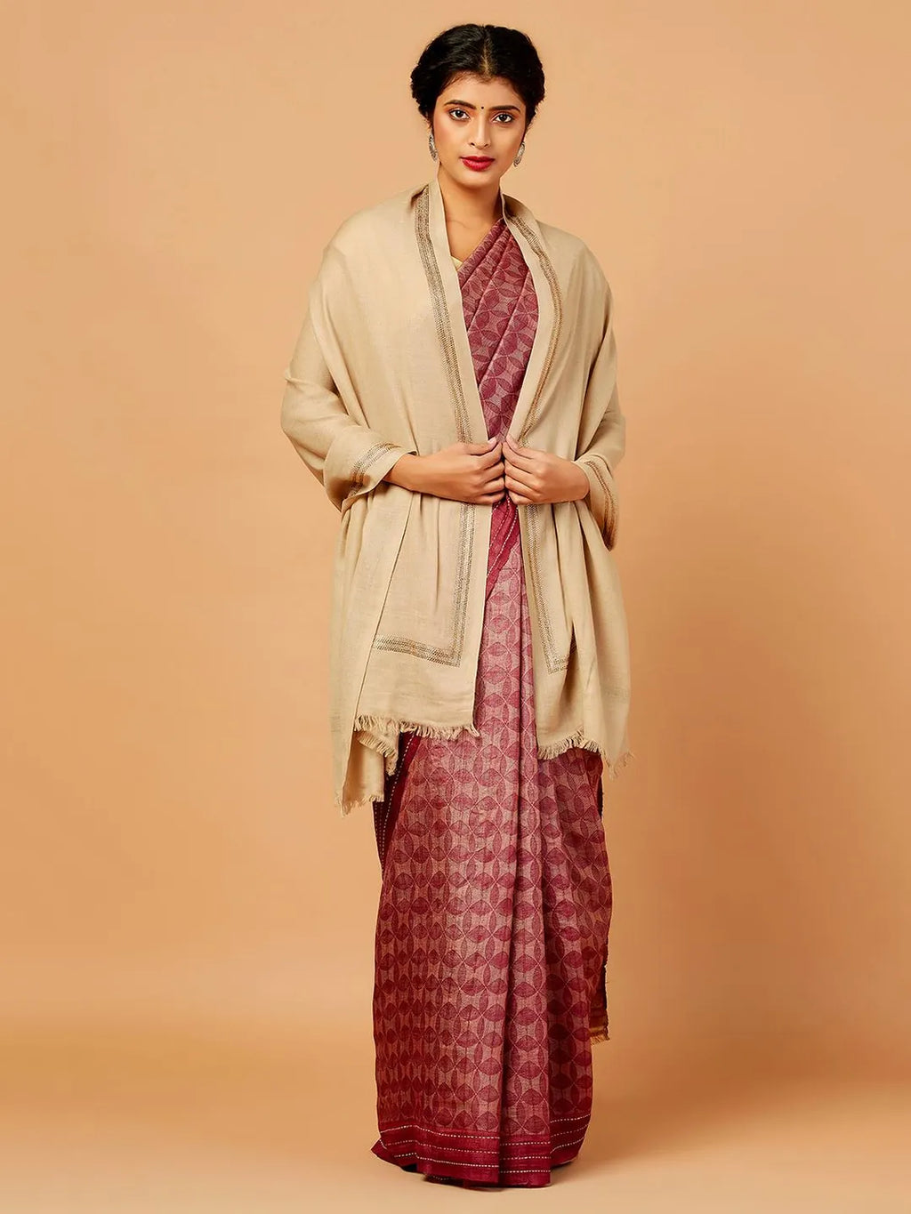 Chic Stole Wool Blend with Dobby Pattern in Beige