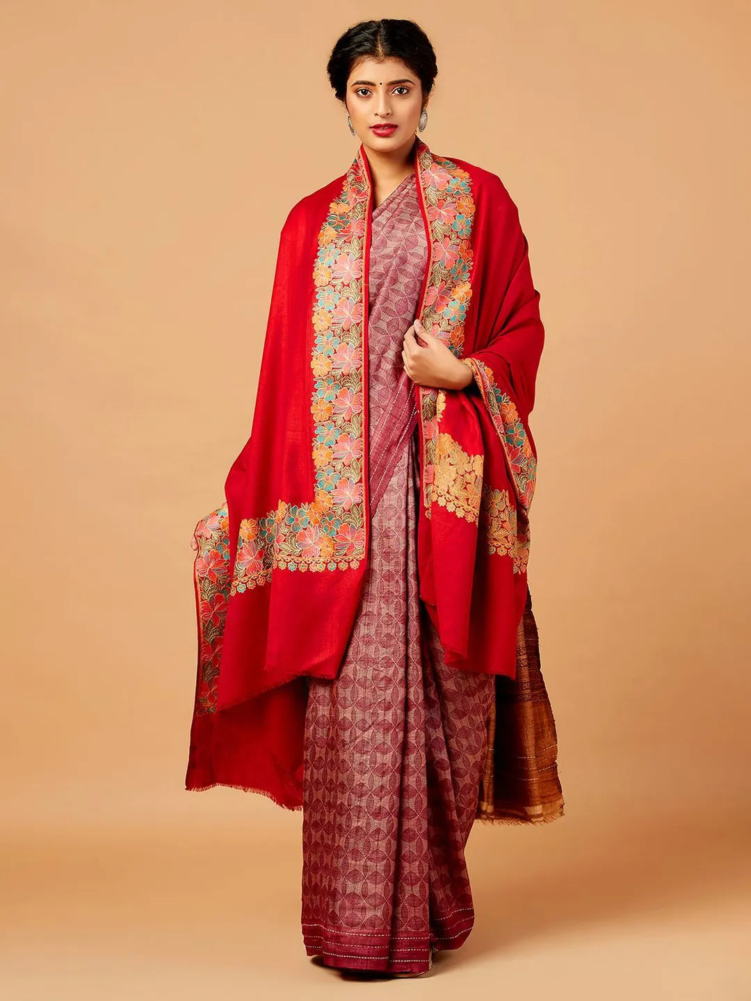 Elegant Shawl Wool Blend with Aari Embroidery Pattern in Red