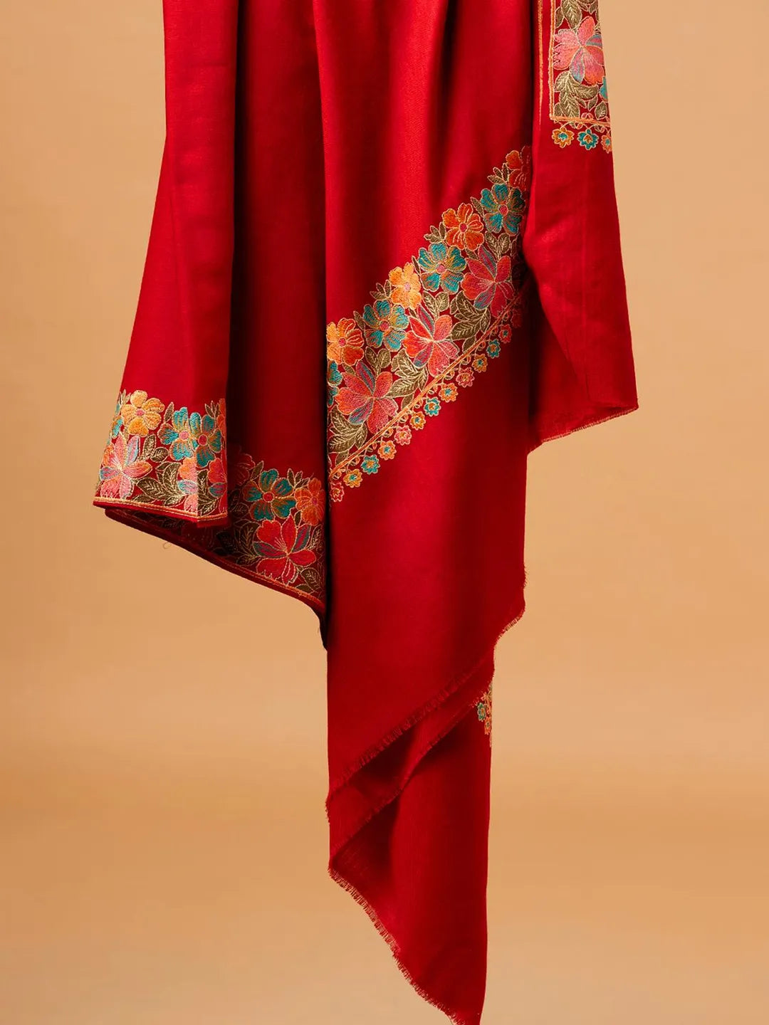 Elegant Shawl Wool Blend with Aari Embroidery Pattern in Red