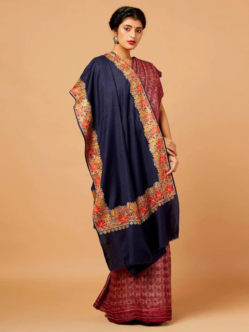 Classic Shawl Wool Blend with Aari Embroidery Pattern in Blue