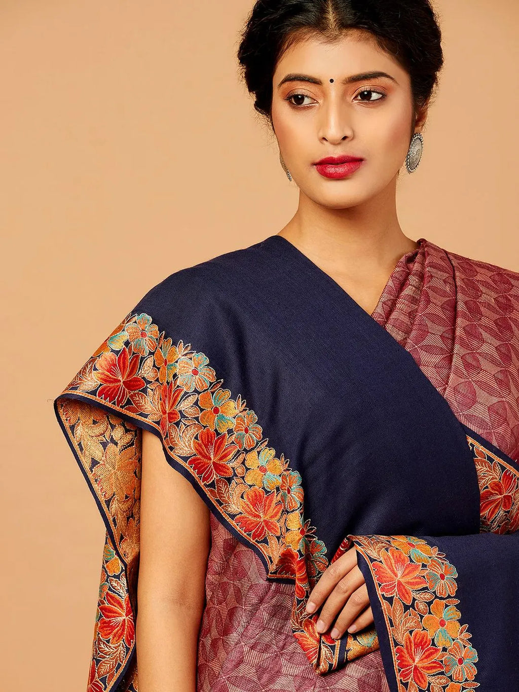 Classic Shawl Wool Blend with Aari Embroidery Pattern in Blue