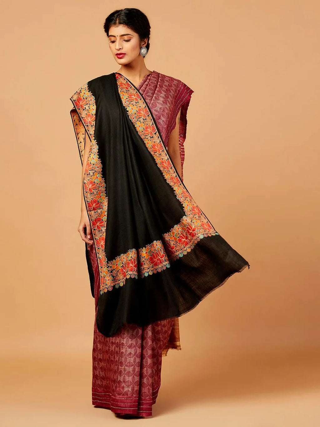 Classic Shawl Wool Blend with Aari Embroidery Pattern in Black