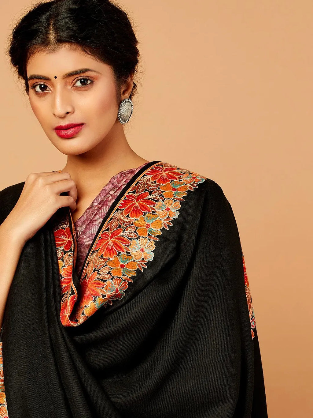 Classic Shawl Wool Blend with Aari Embroidery Pattern in Black