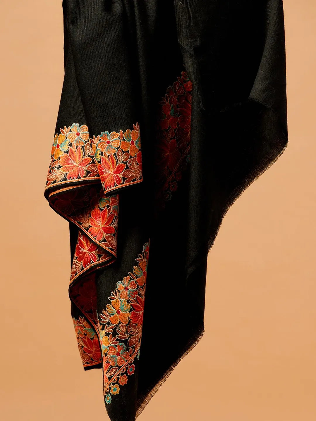 Classic Shawl Wool Blend with Aari Embroidery Pattern in Black