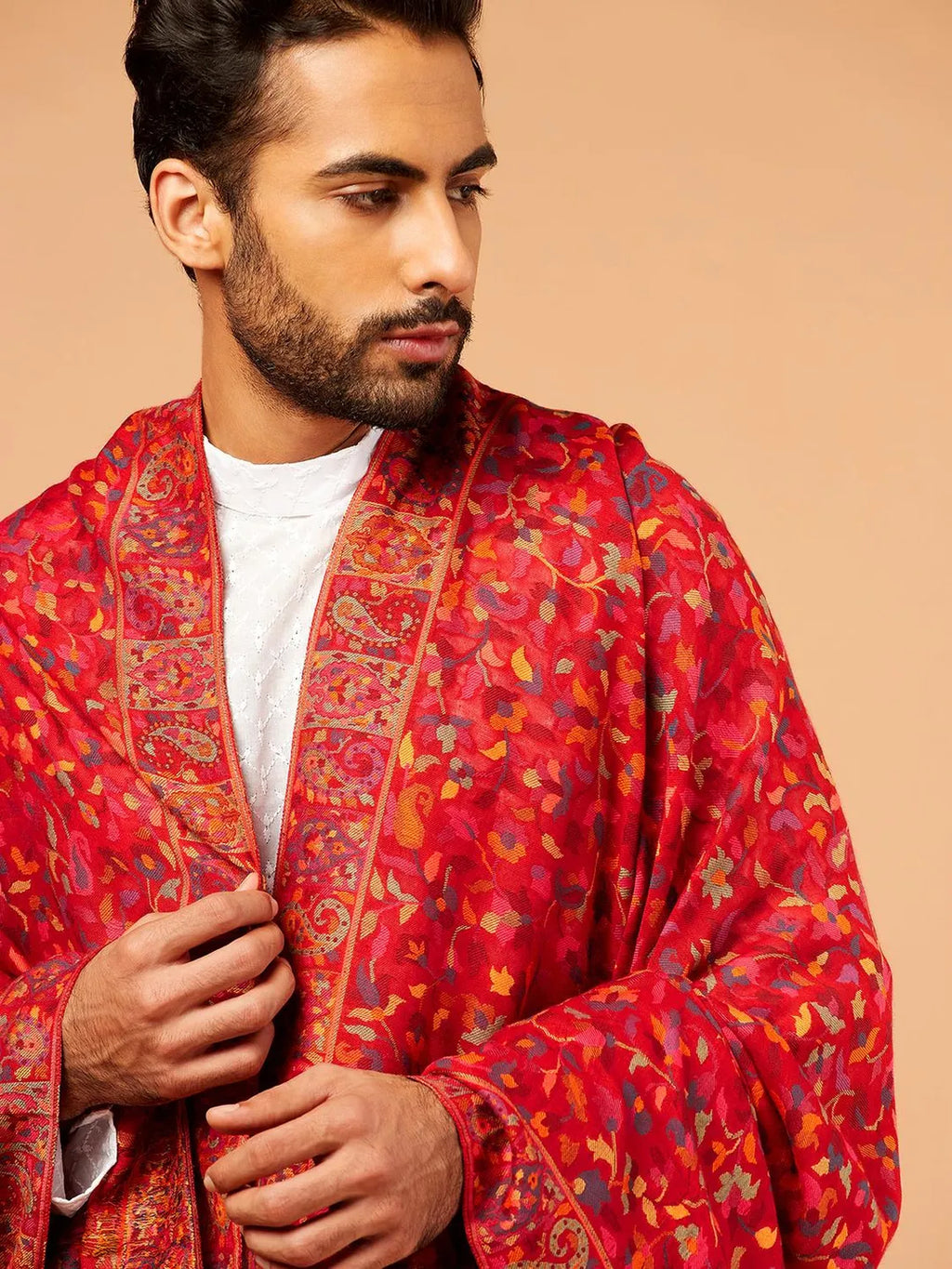 Classic Shawl Wool Blend with Kaani Pattern in Red