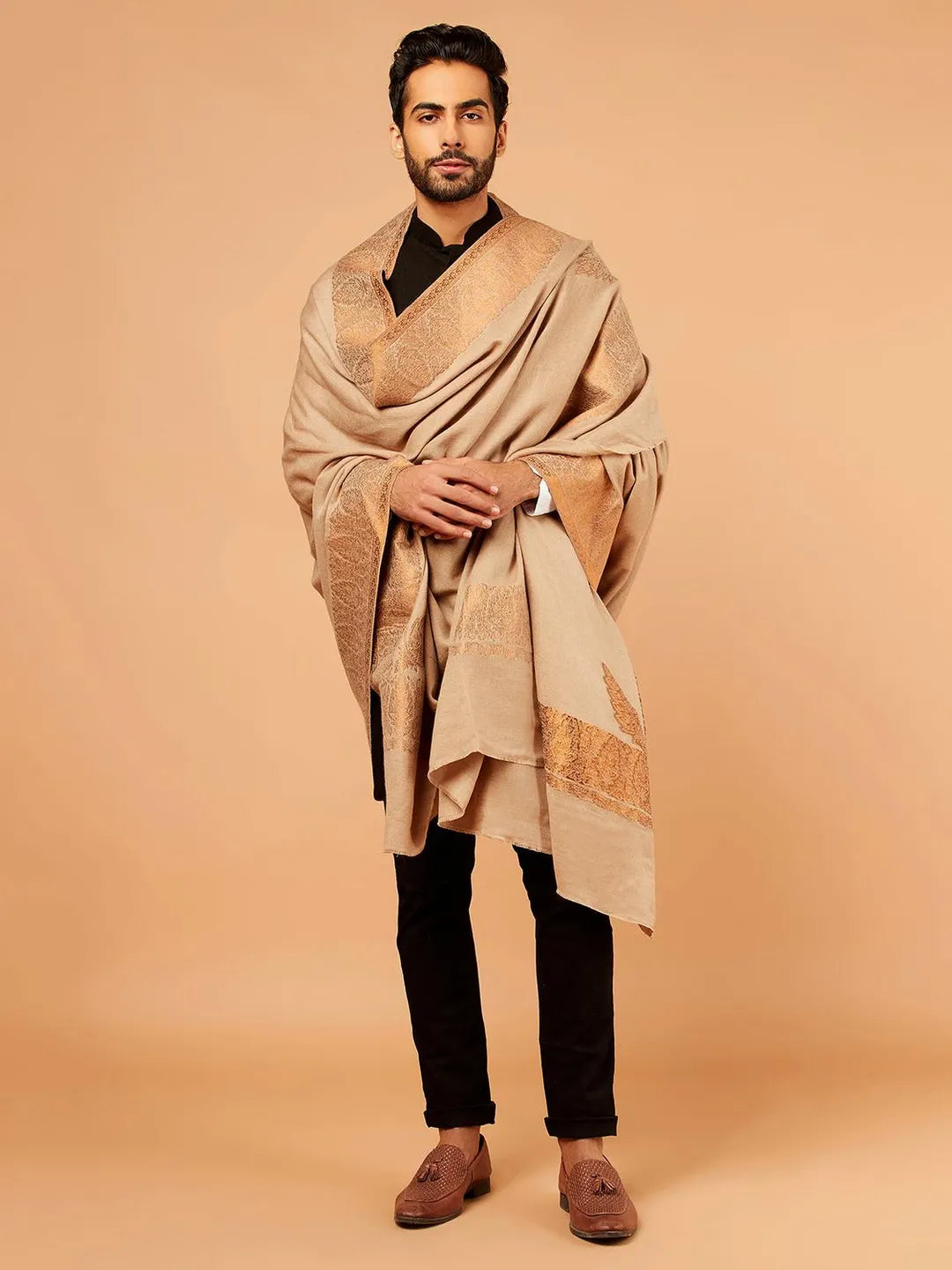 Classic Shawl Wool Blend with Kaani Pattern in Beige