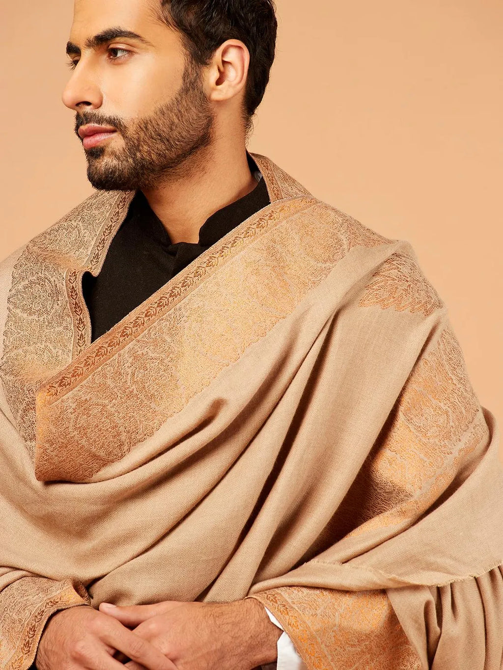 Classic Shawl Wool Blend with Kaani Pattern in Beige