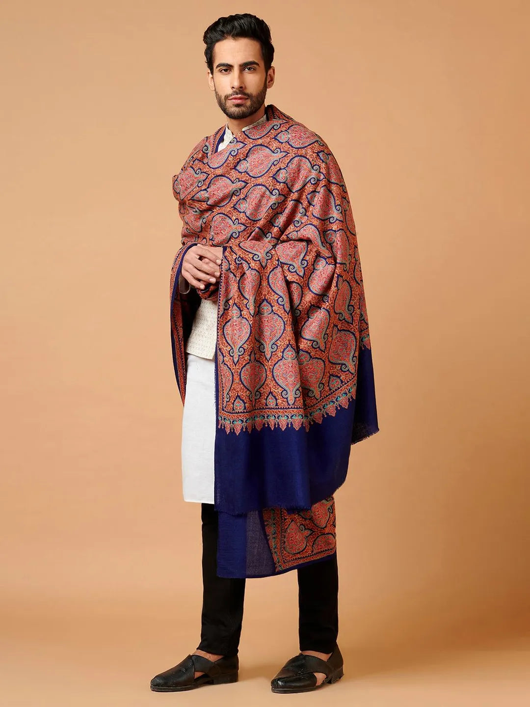 Classic Shawl Wool Blend with Gulaabdaar Jama Pattern in Blue