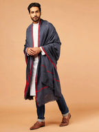 Elegant Shawl Wool Blend with Gents Red Border Pattern in Charcoal Black