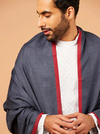 Elegant Shawl Wool Blend with Gents Red Border Pattern in Charcoal Black