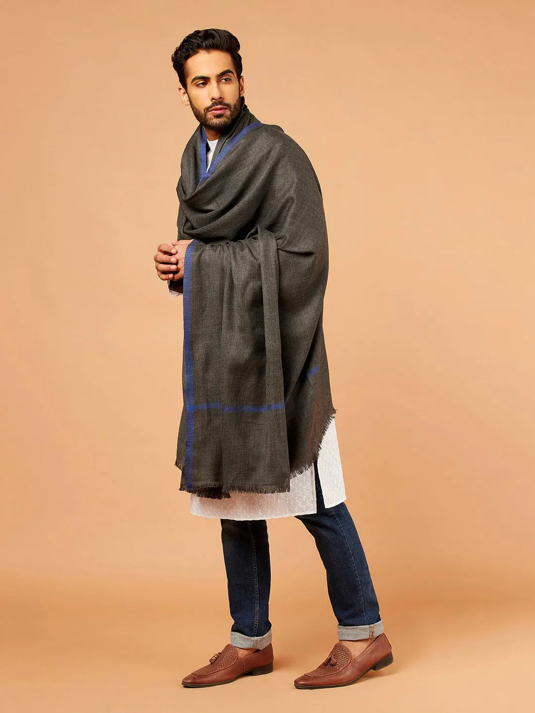 Classic Shawl Wool Blend with Gents Blue Border in Charcoal Black