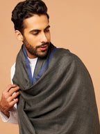 Classic Shawl Wool Blend with Gents Blue Border in Charcoal Black