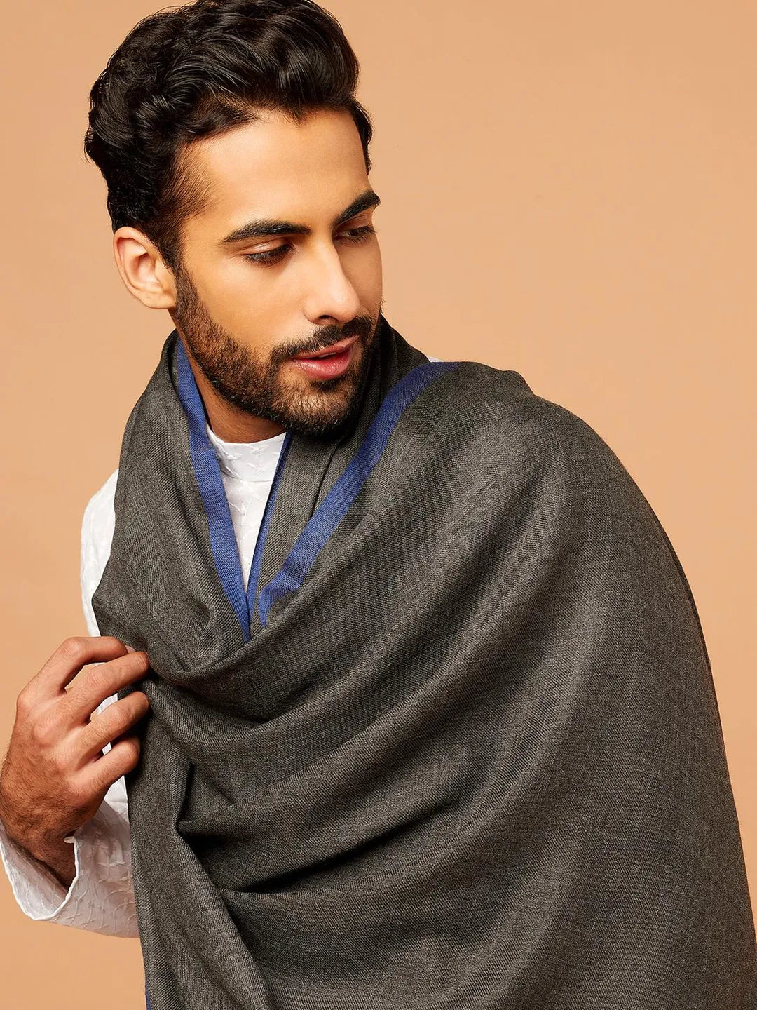 Classic Shawl Wool Blend with Gents Blue Border in Charcoal Black