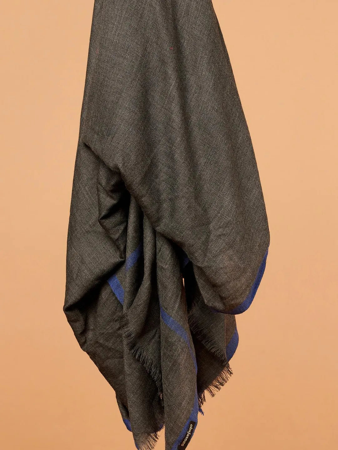 Classic Shawl Wool Blend with Gents Blue Border in Charcoal Black