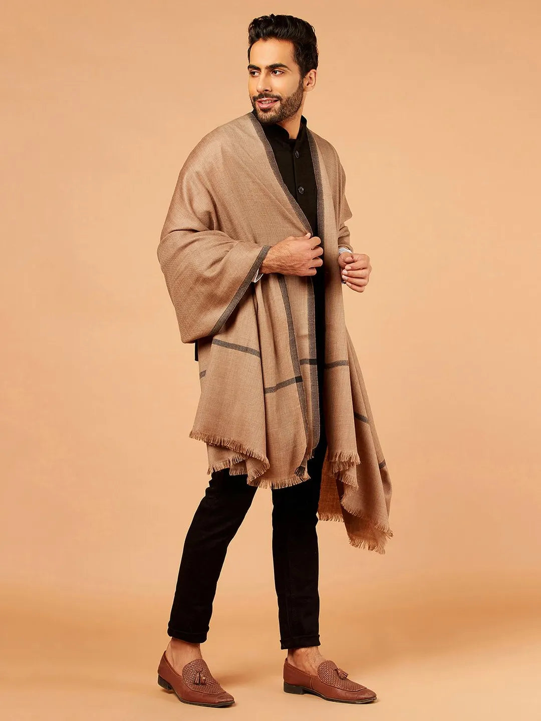 Classic Shawl Wool Blend with Gents Brown Solid with Black Border