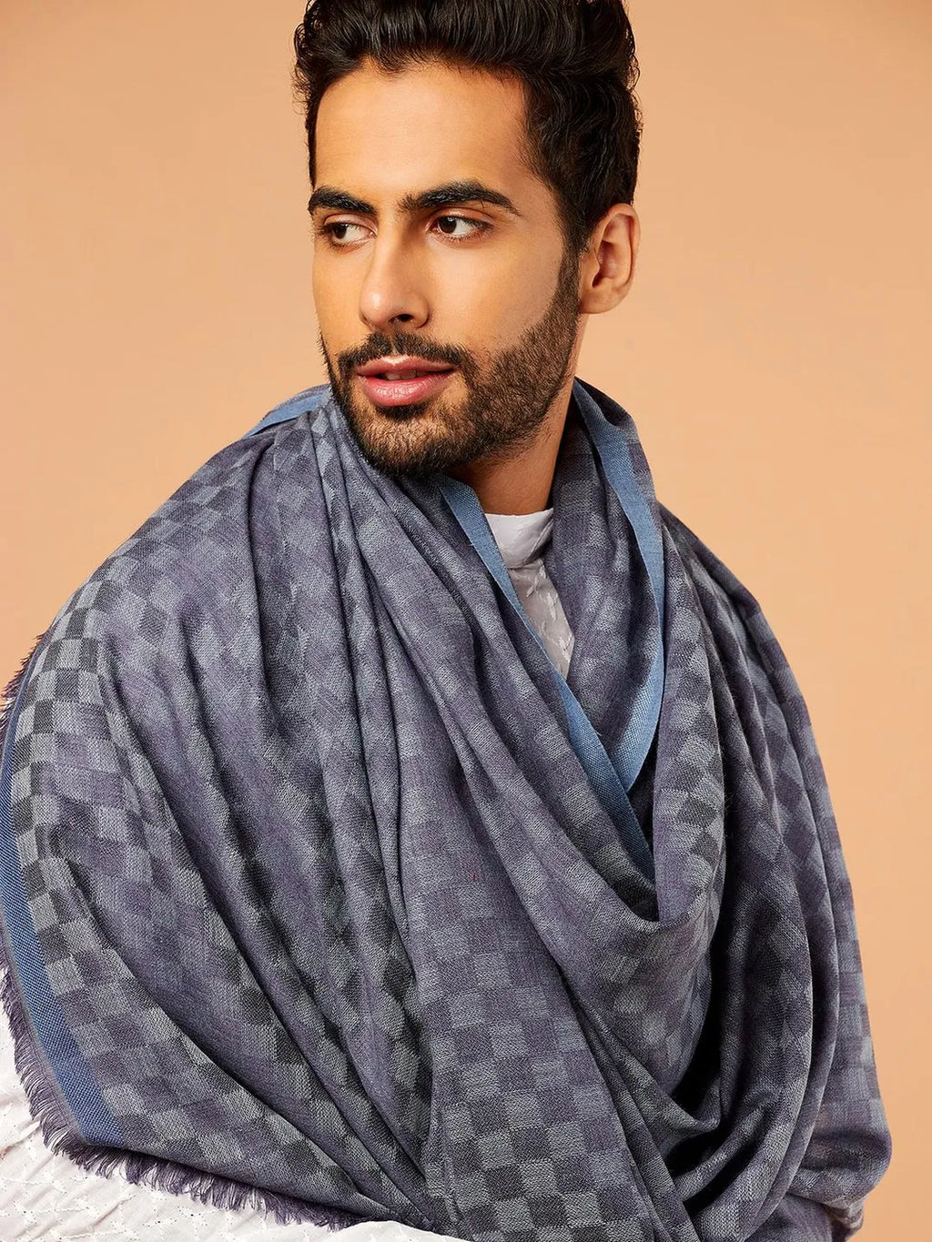 Classic Shawl Wool Blend with Gents Check Pattern in Grey